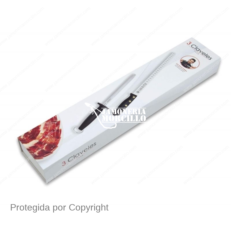 Set Cuchillo Jamonero Alveolado POM y Chaira 3 CLAVELES ref 966 ⋆ JAMONERÍA  MORCILLO